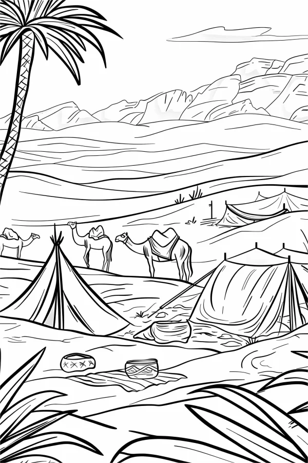 Desert camping site with camels and various tents, realistic line art style — free printable desert coloring book page