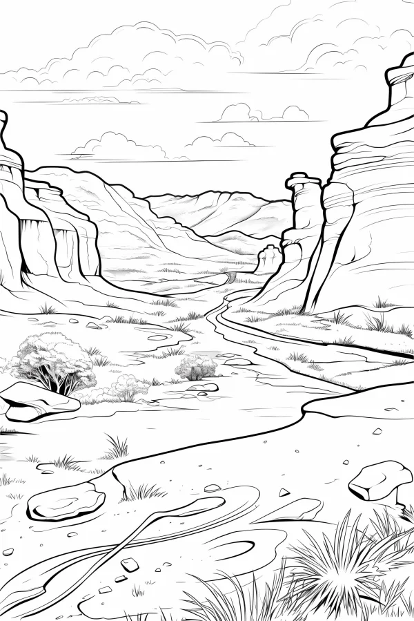 Desert canyon landscape with dry riverbed, realistic sketch style — free printable desert coloring book page