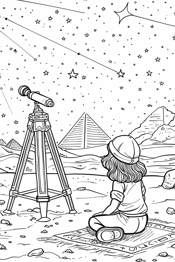 Girl stargazing in desert with pyramids, cartoon style — free printable astronomy coloring book page