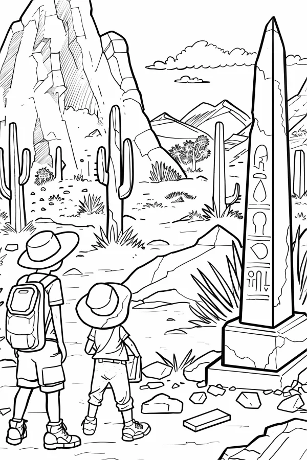 Two children exploring desert with egyptian obelisk, cartoon sketch style — free printable egypt coloring book page