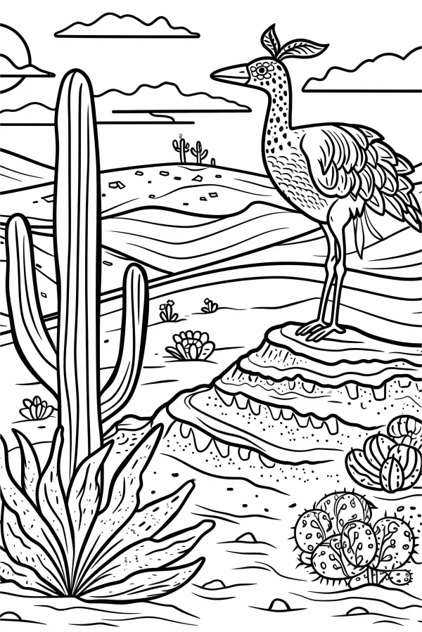 Desert bird standing on rocky outcrop, realistic line art style — free printable desert coloring book page
