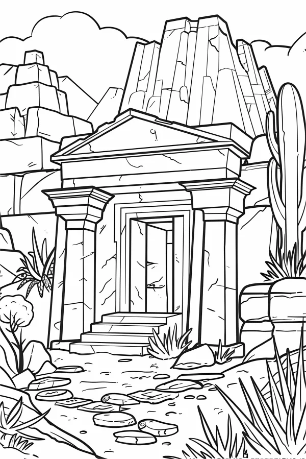 Ancient stone porch in desert ruins, sketch line art style — free printable desert coloring book page