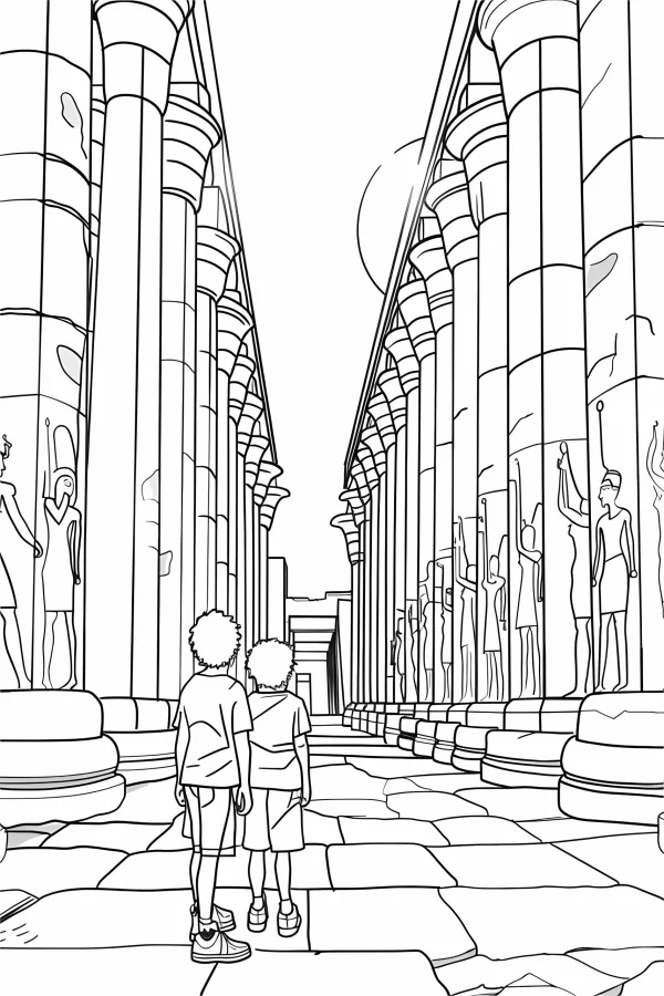 Two children walking in egyptian temple corridor, realistic line art style — free printable egypt coloring book page