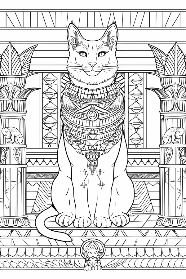 Egyptian sacred cat, ancient egyptian style — free printable egyptian culture coloring book page