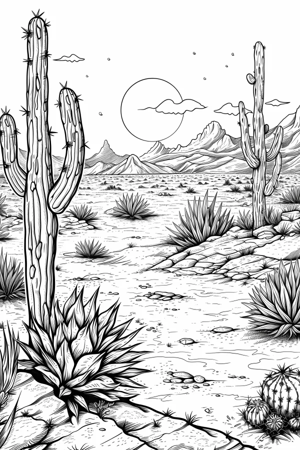 Desert cacti and agave plants, realistic sketch style — free printable desert coloring book page