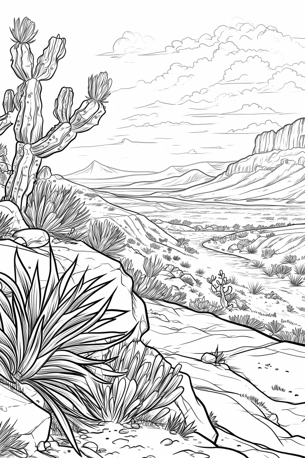 Desert landscape with saguaro cactus and agave, realistic sketch style — free printable desert coloring book page