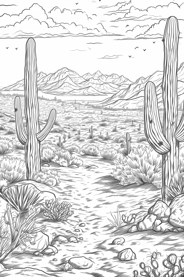 Desert cactus landscape, realistic sketch style — free printable desert coloring book page