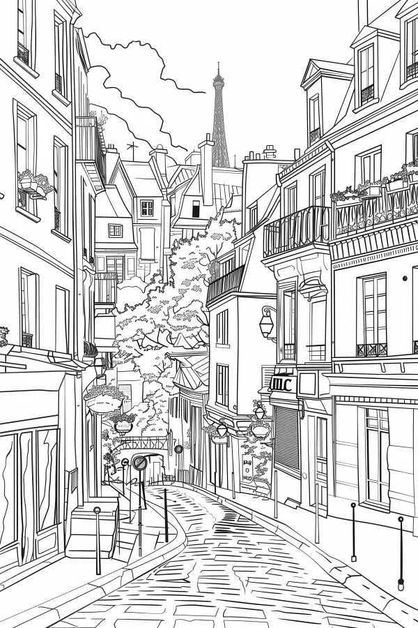 European cobblestone street with eiffel tower in the distance, realistic line art style — free printable urban scenery coloring book page