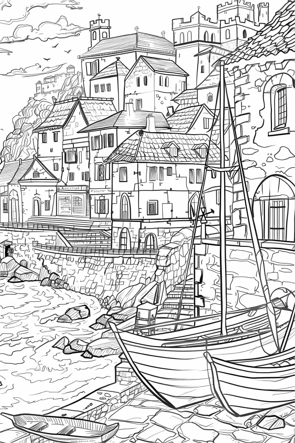 Coastal dock town with boats, realistic line art style — free printable town scenery coloring book page
