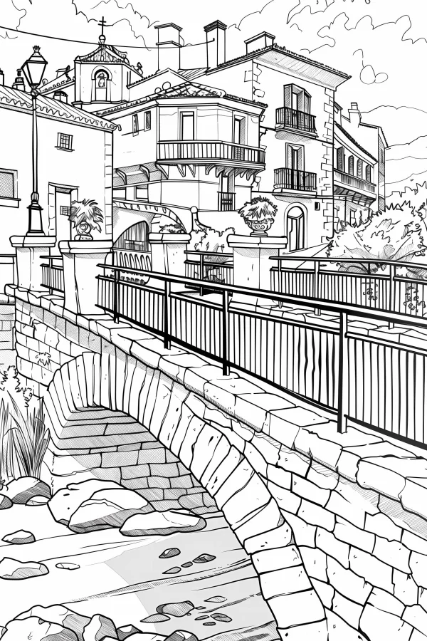 Small town stone bridge with coastal european-style buildings, realistic illustration style — free printable town architecture coloring book page