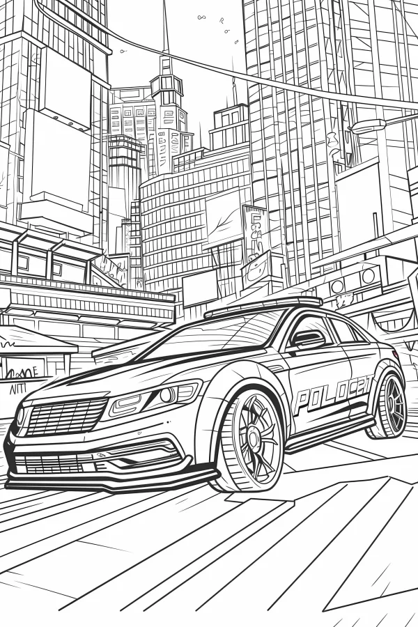 Police car on city street, realistic line art style — free printable modern city coloring book page