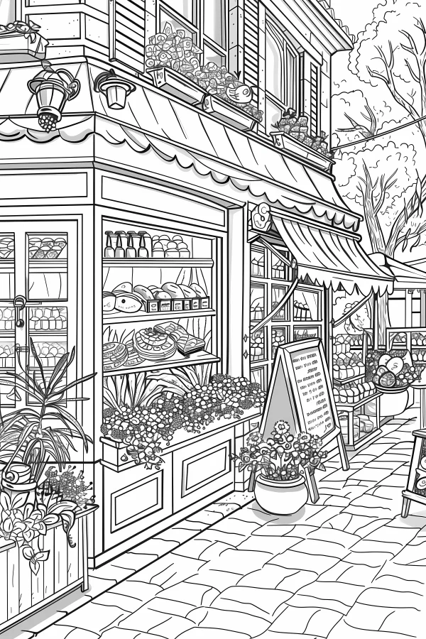 European-style street food shop, realistic illustration style — free printable shopping coloring book page