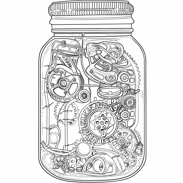Steampunk mechanical components in a glass jar, steampunk style — free printable mechanical coloring book page