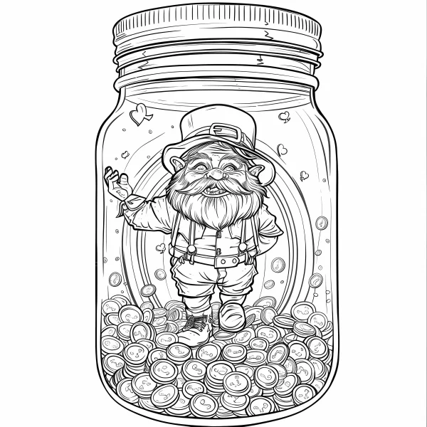 Leprechaun standing inside a glass jar filled with gold coins, cartoon style — free printable st. patrick's day coloring book page