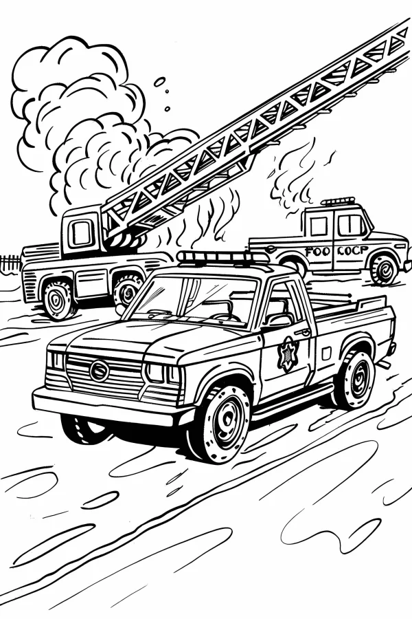 Combination of rescue vehicles including police pickup, fire truck and ladder truck — free printable rescue coloring book page