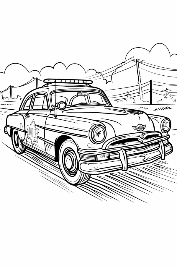 Vintage sheriff police car, cartoon style — free printable career theme coloring book page
