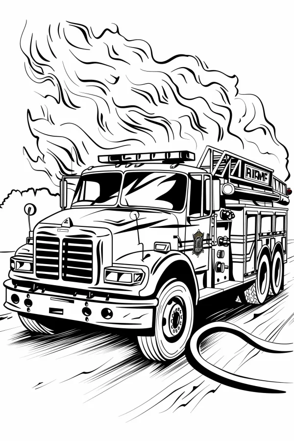 Fire truck, realistic line art style — free printable firefighters coloring book page