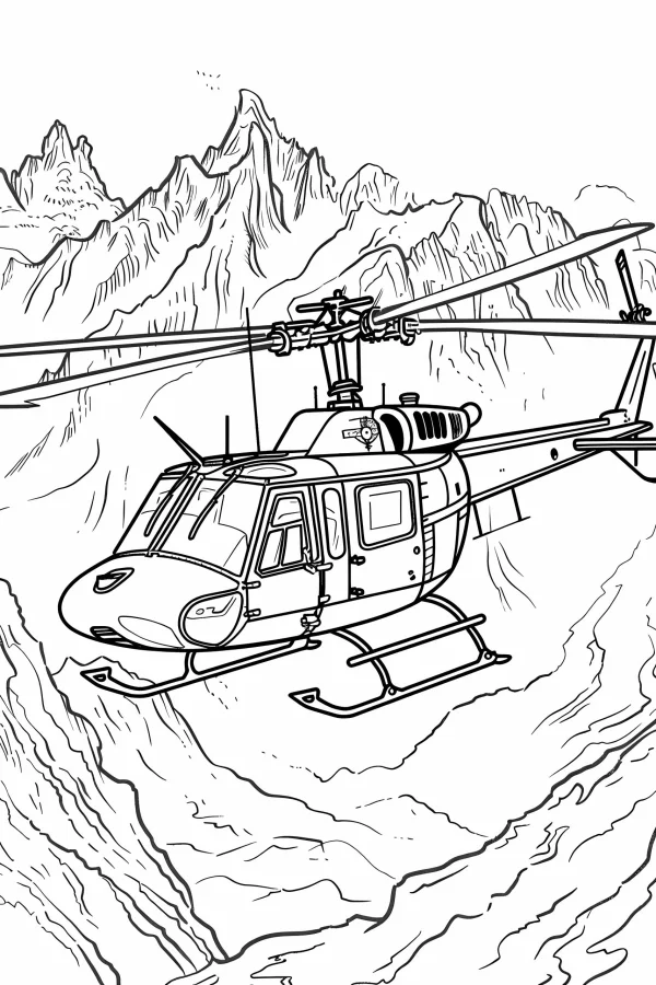 Helicopter flying over rugged mountain ranges, realistic line art style — free printable outdoor adventure coloring book page