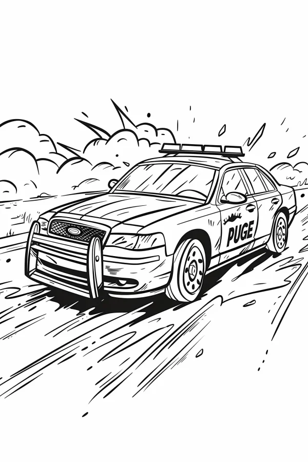Dynamic police sedan, cartoon style — free printable police coloring book page