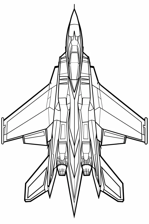 Top view of a fighter jet, realistic mechanical style — free printable military coloring book page