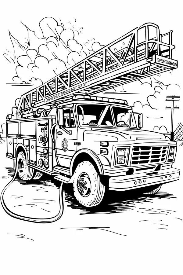 Ladder fire truck, realistic line art style — free printable firefighters coloring book page