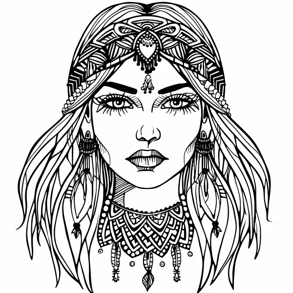 Bohemian-style woman, bohemian art style — free printable bohemian coloring book page