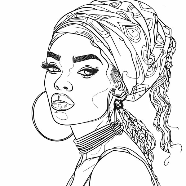 African style woman with patterned headscarf, realistic line art style — free printable africa coloring book page
