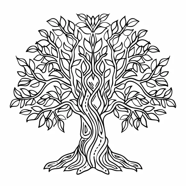 Coloring book page, symmetrical zentangle-style tree — free printable zen coloring book page