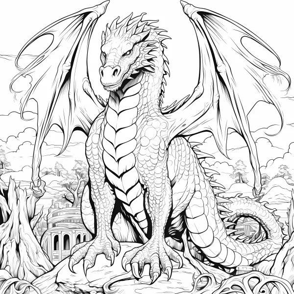 Fantasy giant dragon, realistic sketch style — free printable medieval coloring book page