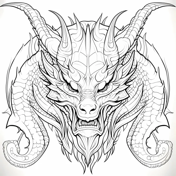 Majestic dragon head, fantasy style — free printable dragon coloring book page
