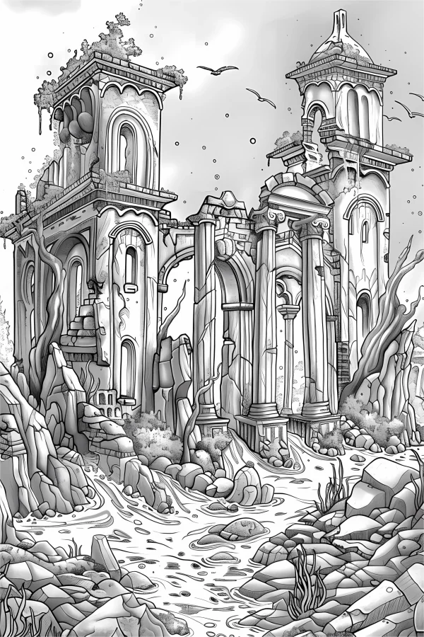 Ancient building ruins reclaimed by nature, realistic sketch style — free printable ruins coloring book page