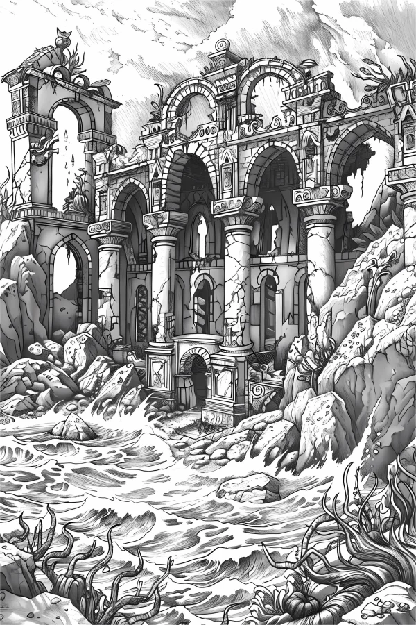 Coloring book page, seaside ancient ruin architecture — free printable ruins coloring book page