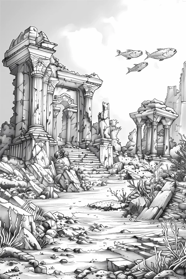 Coloring book page, underwater ancient civilization ruins — free printable ancient civilization coloring book page
