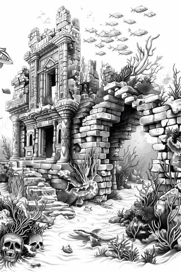 Underwater ancient ruins with skulls, fantasy realistic style — free printable ruins coloring book page