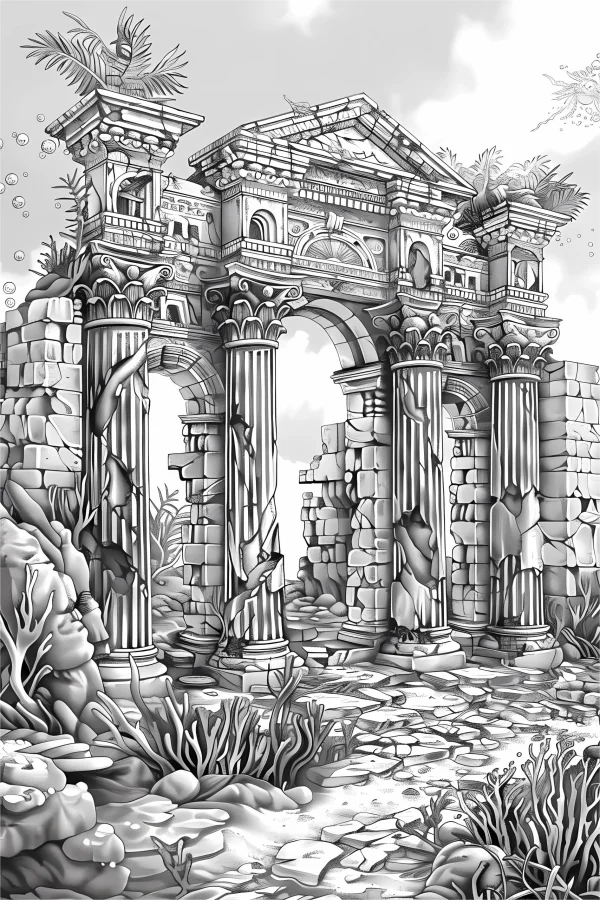 Underwater ancient classical architectural ruins, realistic retro style — free printable historical sites coloring book page