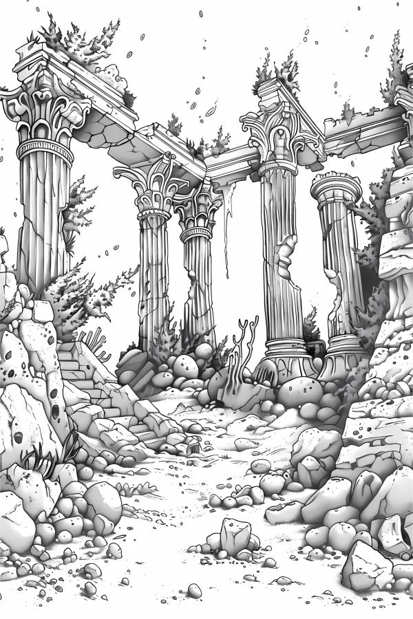 Ancient greek ruins scene with columns, realistic sketch style — free printable historical sites coloring book page