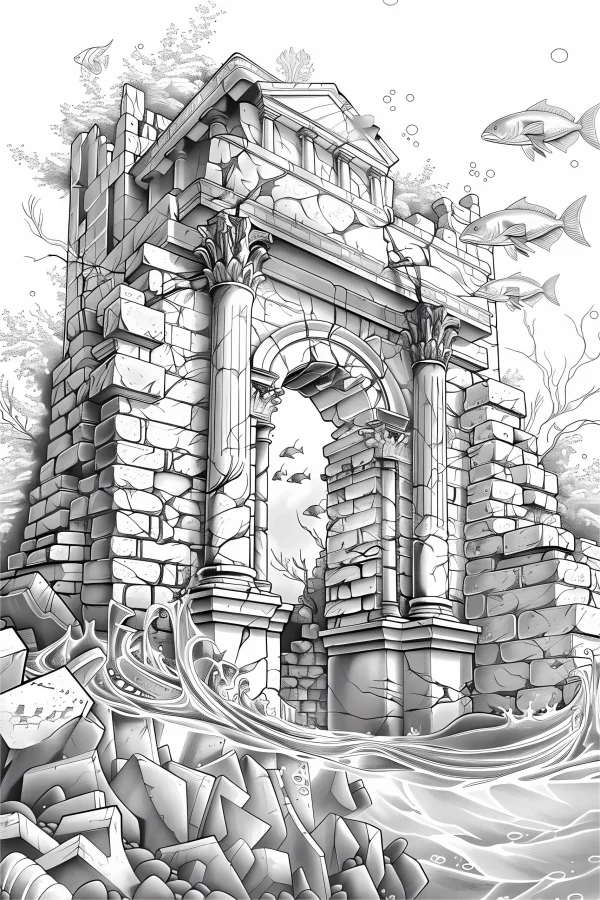 Underwater ancient arch ruins, realistic line art style — free printable historical architecture coloring book page