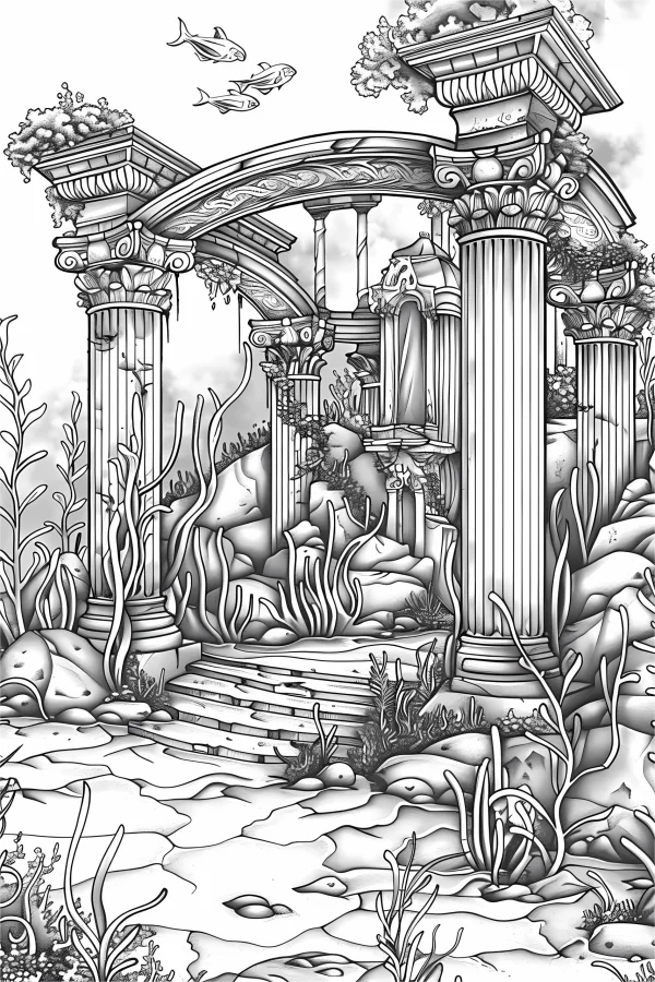Underwater ancient european architectural ruins with stone arches and columns, fantasy realistic line art style — free printable ancient architecture coloring book page