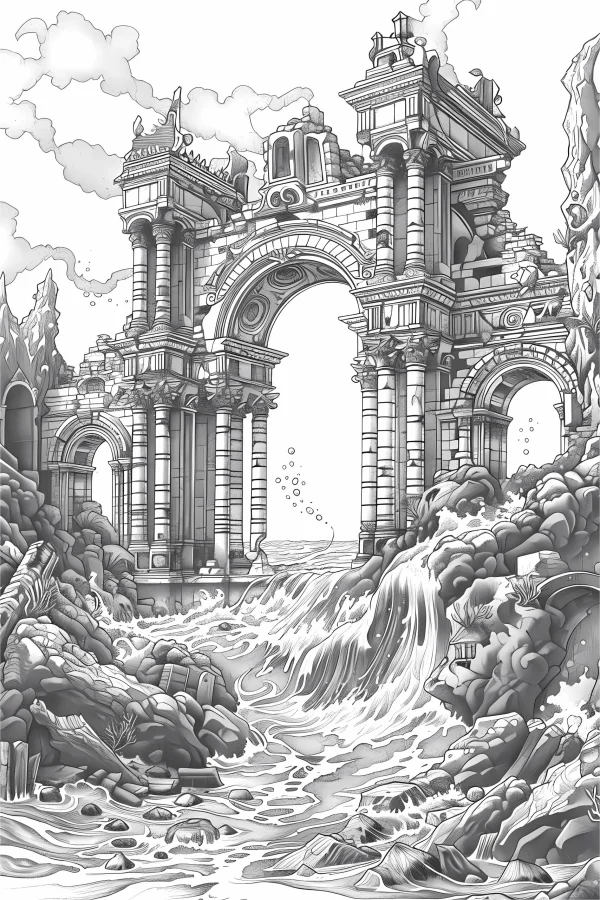 Ancient ruined classical archway surrounded by rushing water and rocks, fantasy realistic style — free printable ruins coloring book page