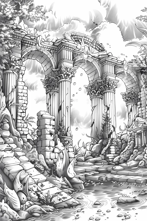 Abandoned ancient stone column ruins with arches, fantasy style — free printable ancient architecture coloring book page