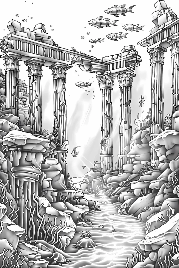 Underwater ancient stone column ruins, realistic line art style — free printable ancient ruins coloring book page