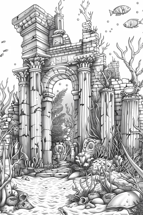 Ancient arch ruins under the sea, realistic style — free printable ruins coloring book page