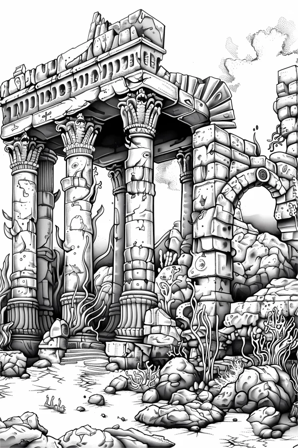 Underwater ancient greek architectural ruins with ornate columns, fantasy style — free printable greek culture coloring book page