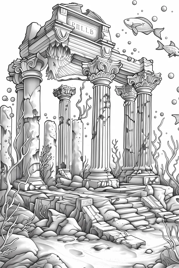 Underwater ancient greek ruin columns, realistic fantasy style — free printable ancient greek culture coloring book page