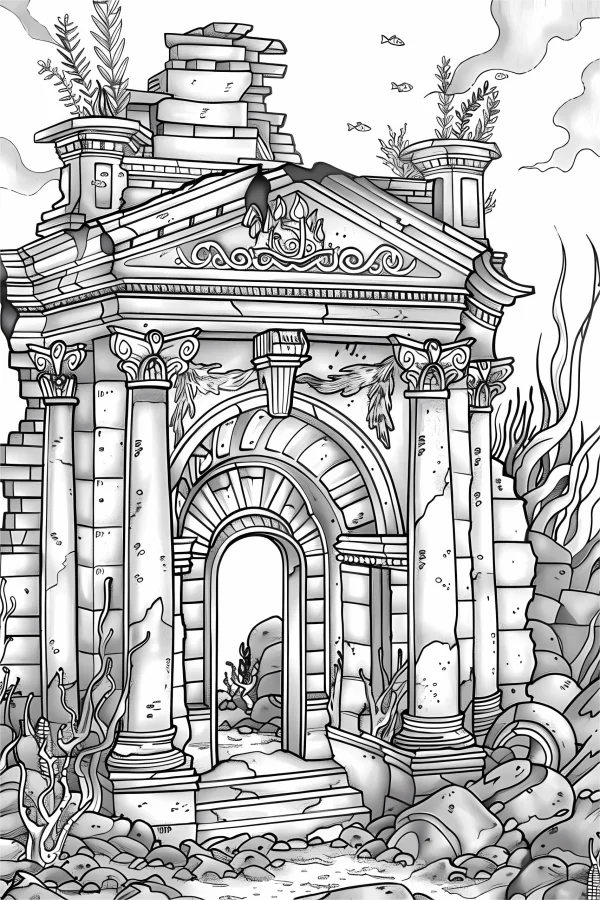Underwater ancient building ruins, realistic style — free printable historical sites coloring book page