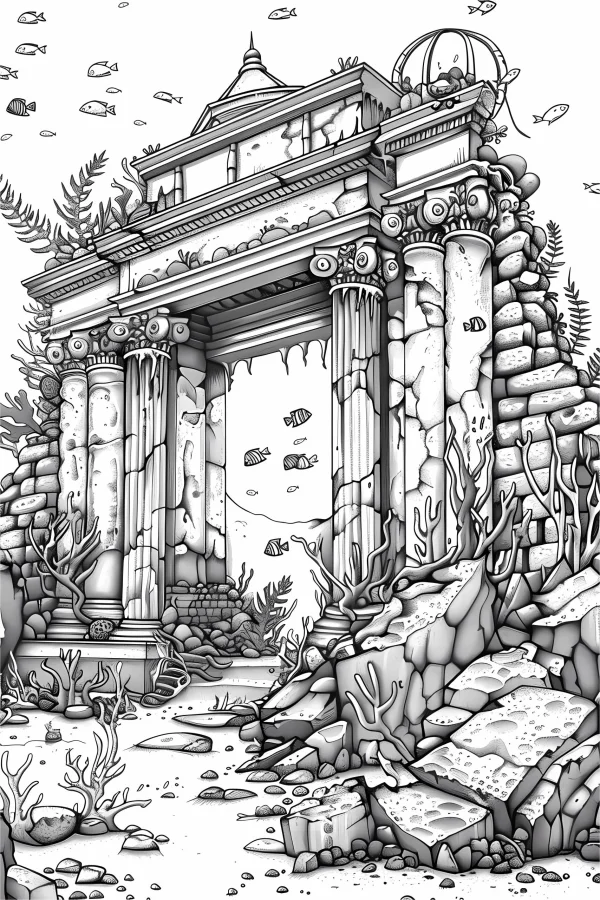 Underwater ancient stone arch ruins, realistic line art style — free printable historical sites coloring book page