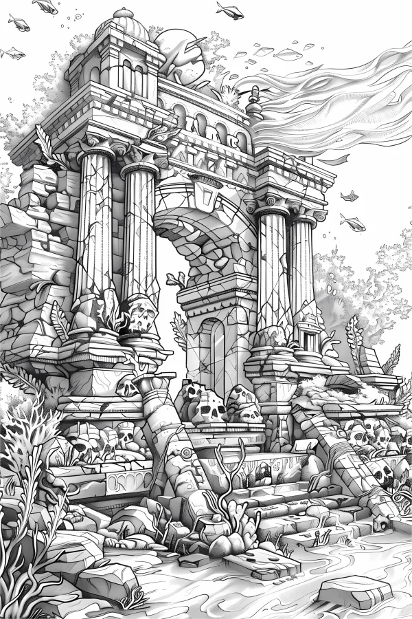 Underwater ancient roman ruin arch with skulls, fantasy style — free printable rome coloring book page