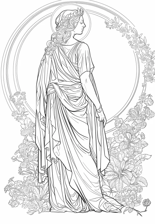 Classical european goddess with floral crown, flowing draped robes — free printable euro-american culture coloring book page