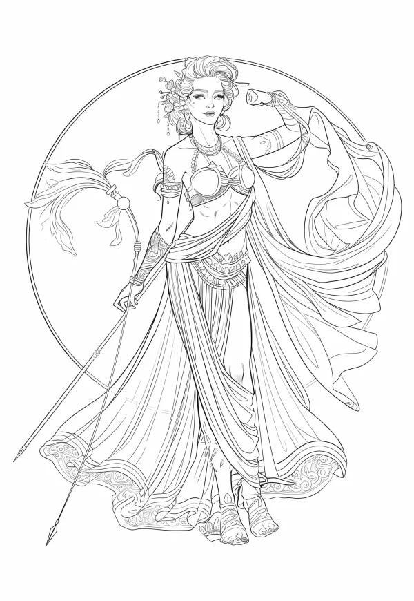 Classical mythological goddess with floral headpiece, holding a staff — free printable classical coloring book page