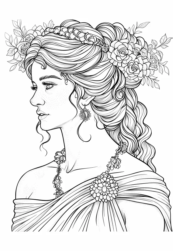Classical fairy with flower crown, classical illustration style — free printable classical coloring book page